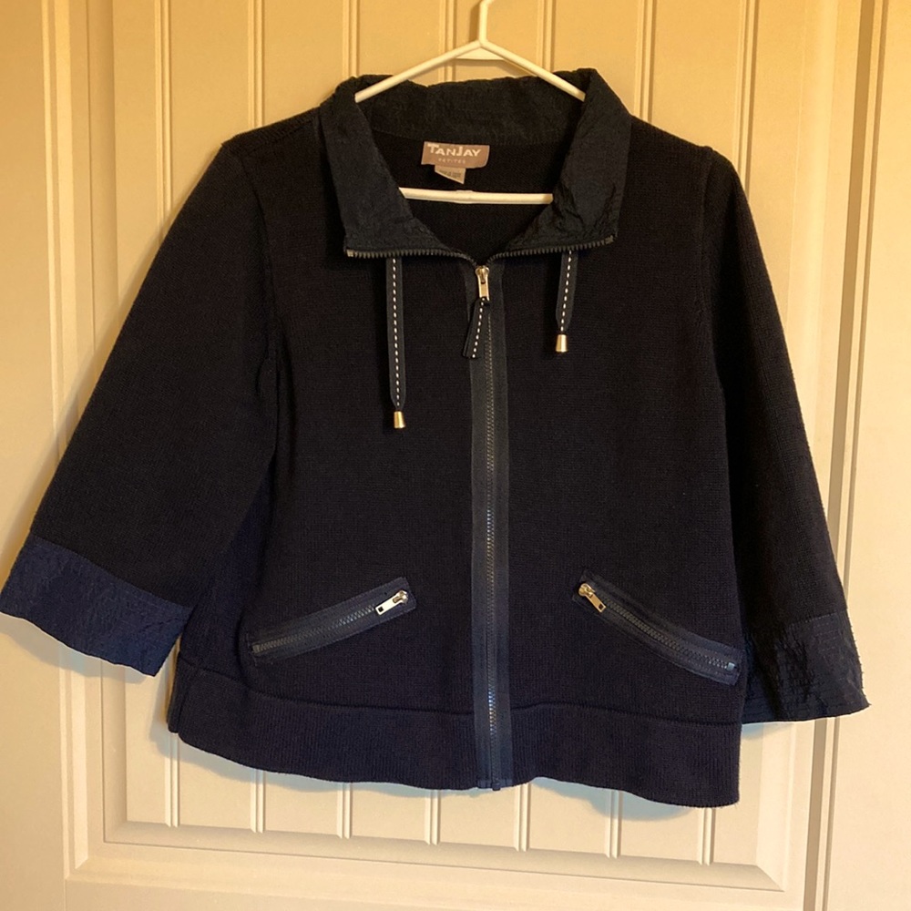 Tan Jay Petites Womens Size MP Full Zip Up Sweater Jacket Pockets Collar Blue